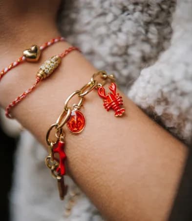 Bracelet à charms rouges — homard, corail et médaillon — porté au poignet sur une maille dorée
