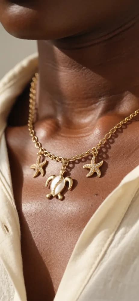 Collier à charms dorés — deux étoiles de mer et une tortue nacrée — porté au cou, filmé à la lumière du jour
